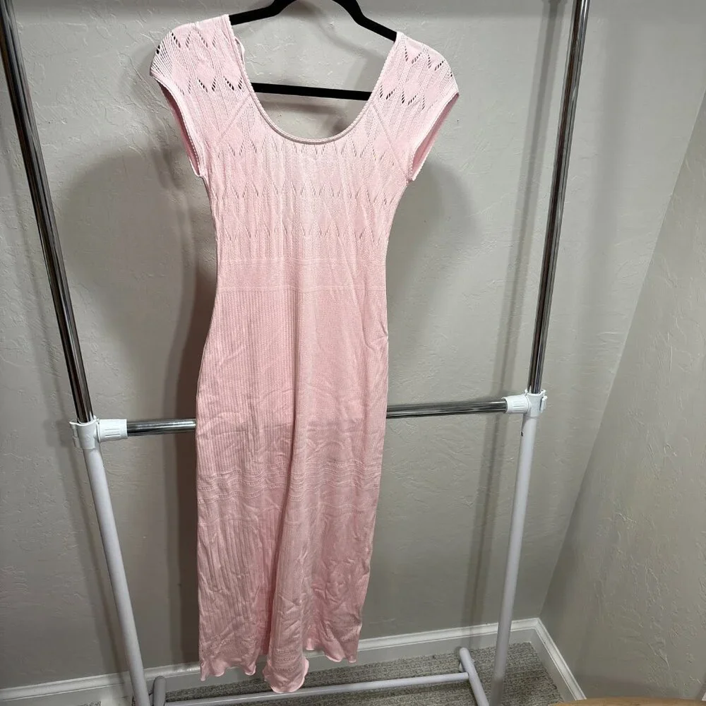NWT Free People Chloe Open Knit Maxi Dress Pink Rose Boho Resortwear‎ Women’s S